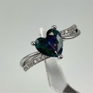 Rainbow Mystic Topaz White Diamond CZ Heart Cut Silver Plated Ring